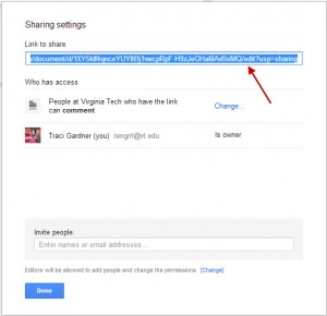 Share link in the Sharing settings dialog